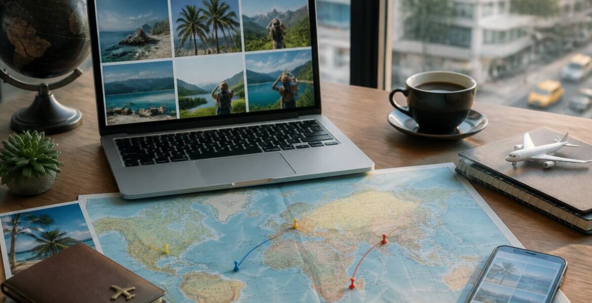 Vergelijken van vakanties op een reisbureau-werkplek met laptop en reisroute kaart
