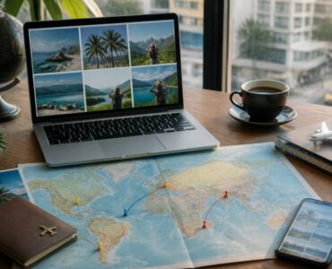 Vergelijken van vakanties op een reisbureau-werkplek met laptop en reisroute kaart