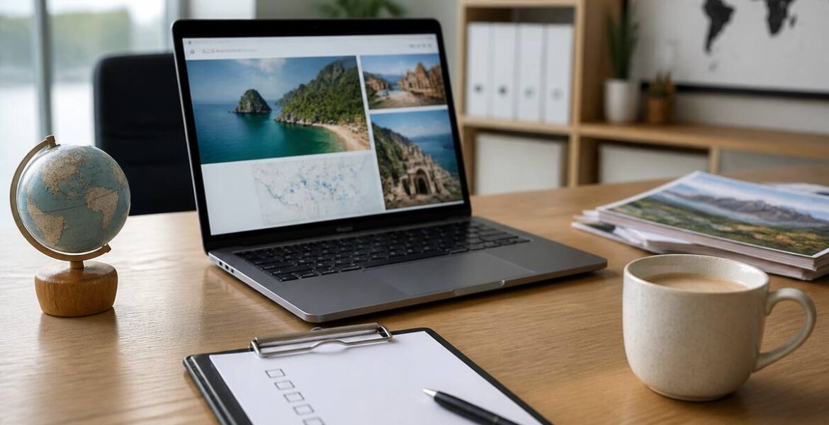 Checklist op tafel met laptop en reisitems voor een vakantieplanning