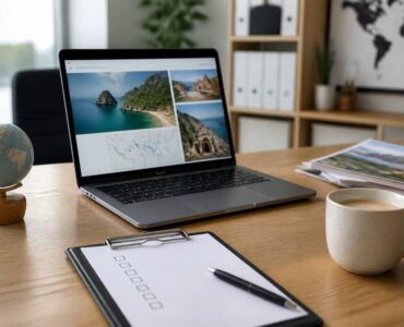 Checklist op tafel met laptop en reisitems voor een vakantieplanning