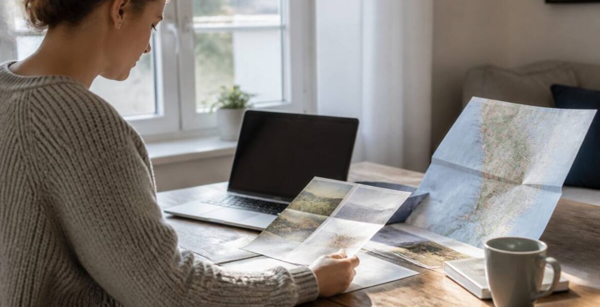 Reistips vergelijken op een laptop met reiskaart en papieren in huis