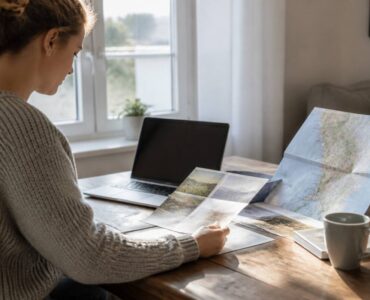 Reistips vergelijken op een laptop met reiskaart en papieren in huis