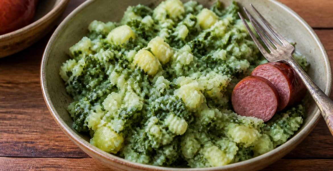 Kom stamppot met gemengde aardappelpuree en groente, geserveerd op een houten tafel