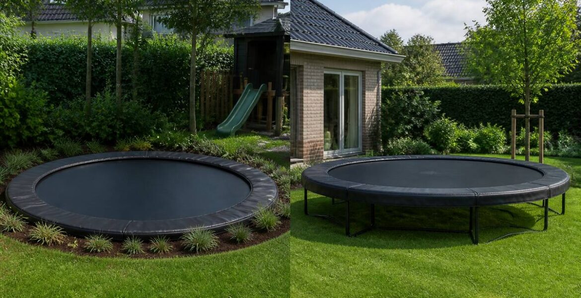 Voor- en nadelen van inground versus opbouw trampoline uitgebeeld in een realistische tuinsetting