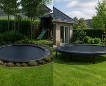Voor- en nadelen van inground versus opbouw trampoline uitgebeeld in een realistische tuinsetting