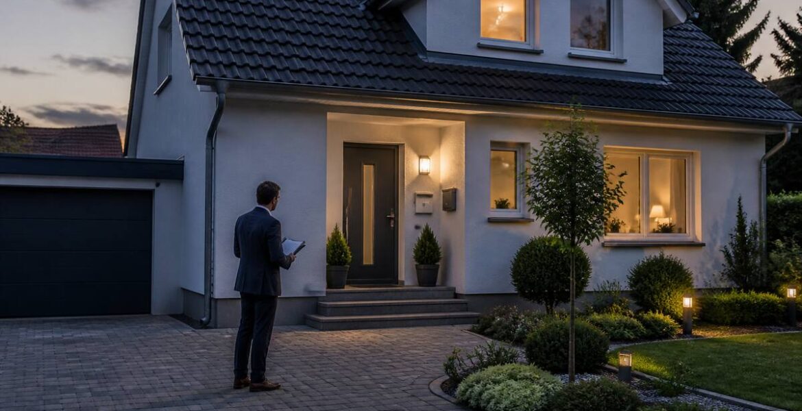 Een realistisch woonhuis in Duitsland met een makelaar die naar een plattegrond kijkt