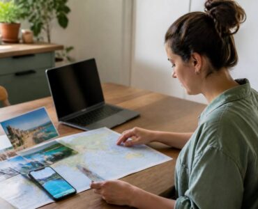 Iemand die op een laptop en papieren vakantiebrochures opties vergelijkt bij het plannen van een vakantie