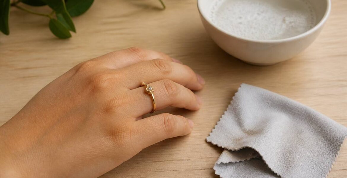 Ring schoonmaken met een zachte doek en lauwwarm sop op een houten ondergrond