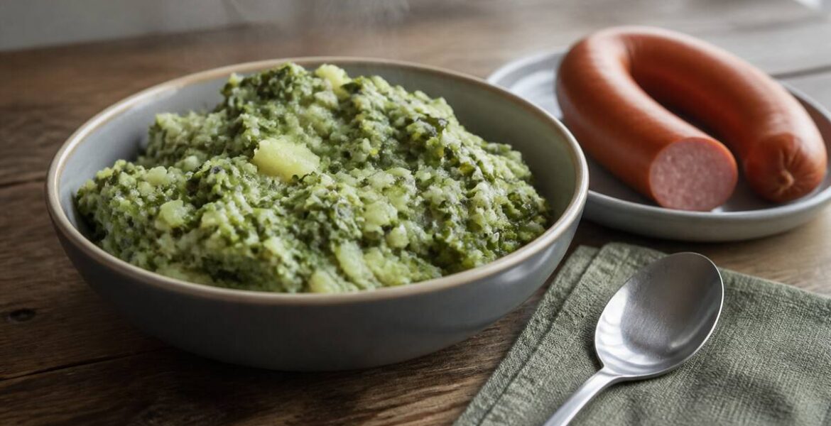Boerenkoolstamppot in een kom met rookworst en aardappelpuree op tafel