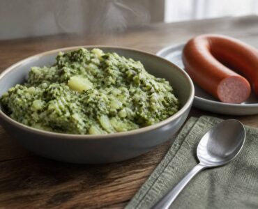 Boerenkoolstamppot in een kom met rookworst en aardappelpuree op tafel