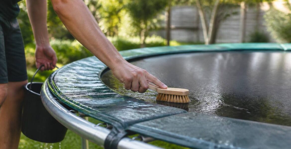 Persoon reinigt springmat en randkussen van een trampoline met een zachte borstel