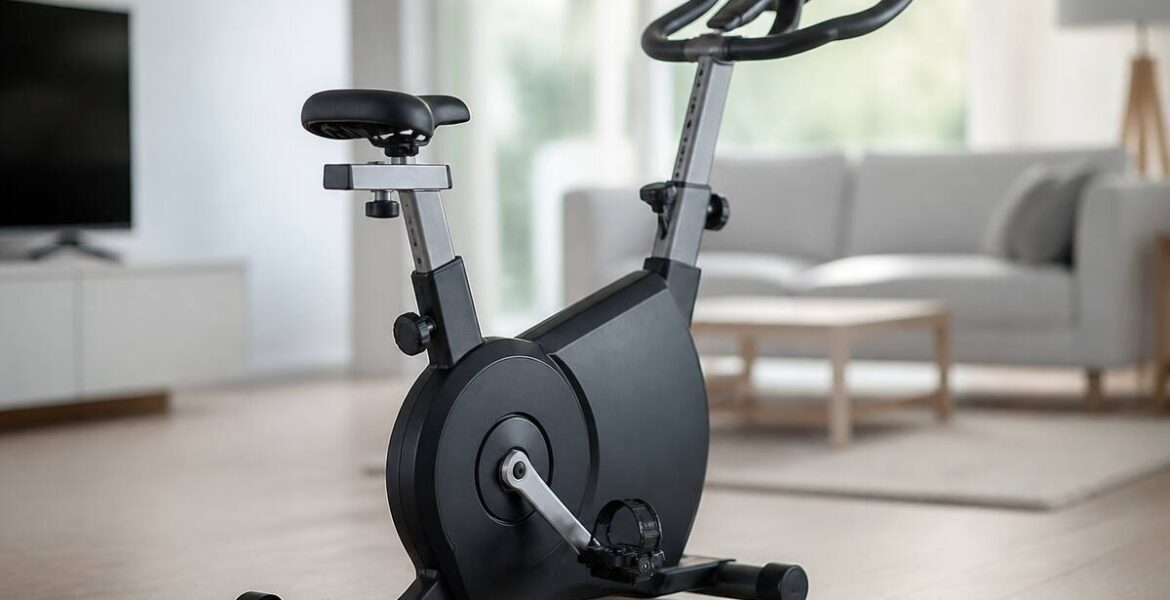 Hometrainer in een lichte woonkamer met verstelbare zadel en pedalen